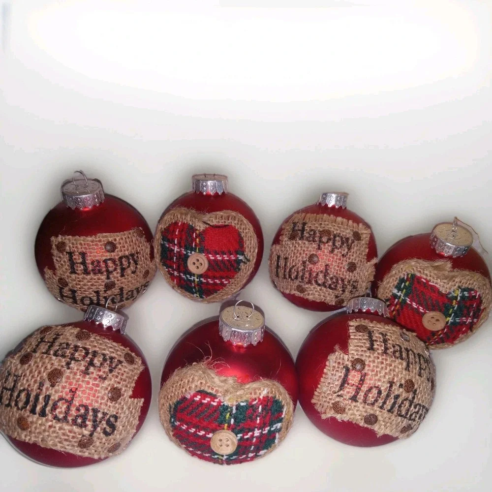 7 Red Burlap Christmas Ornaments HAPPY HOLIDAYS Rustic Farmhouse‎ Country Cabin